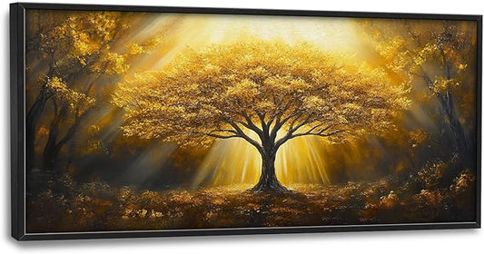 SweetFox Extra Large Tree of Life Framed Wall Art for Living Room, Golden Tree Forest Pictures Oversized Wall Decor Abstract Canvas Painting Print Artwork for Bathroom Master Bedroom 60L X 30W