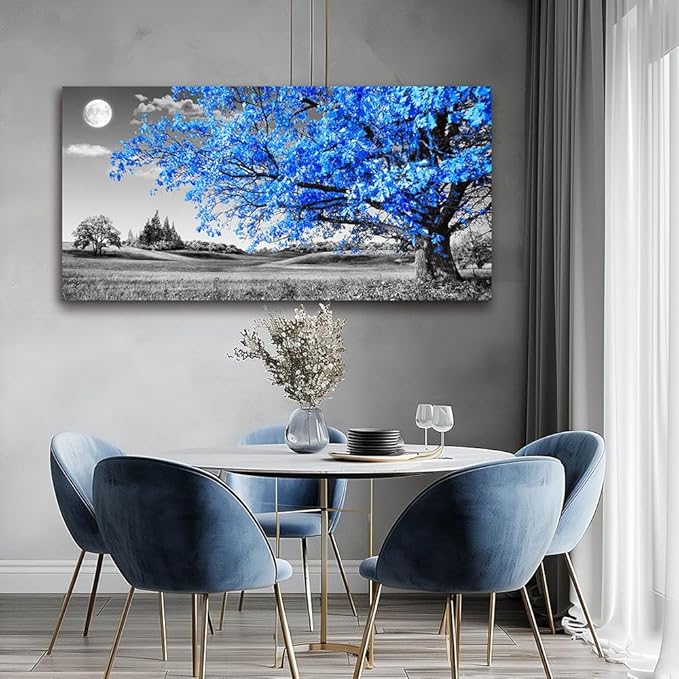 large wall art for living room Blue moon tree landscape Abstract painting office bedroom Wall Decor 30" x 60" single Pieces Canvas Prints Ready to Hang for Home Decoration Black and white Works of art