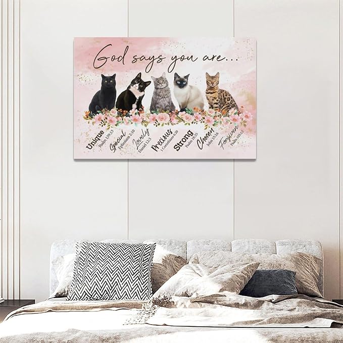 God says you are decor wall art cat canvas Pictures Christian Wall Decor flower Canvas for Girl’s Room Prints Painting Framed Artwork for Bathroom living room Bedroom 24"x16"