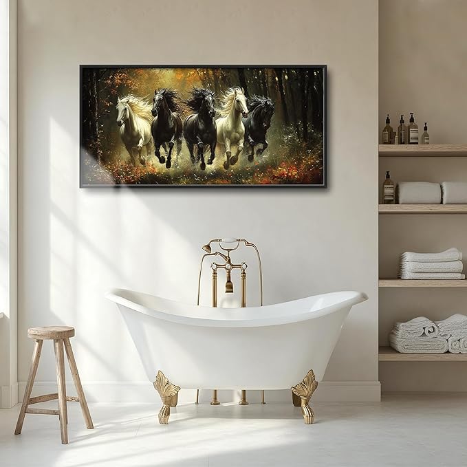 Olivine Horse Wall Art, Running Horses Pictures Wall Decor, Black And White Horse Paintings, Forest Landscape Canvas Prints, Framed Artwork for Bathroom Bedroom Living Room Office Home 60"x30"