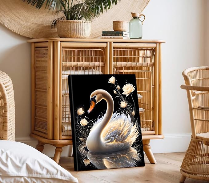 Abstract Gold Patterned Swan Wall Art,Framed Swan Wall Art Prints,White Swan Golden Lotus Flowers Vintage Painting Canvas Wall Art Prints for Bedroom Bathroom Wall Decor(12''x16'')