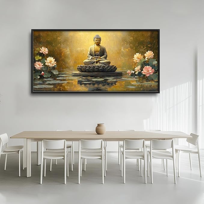 Buddha Large Wall Art Golden Buddhist Pictures Wall Decor Zen Lotus Big Canvas Painting Prints Framed Artwork Home Decorations Above Bed for Bedroom Living Room Dining Room Bathroom 60"x30"