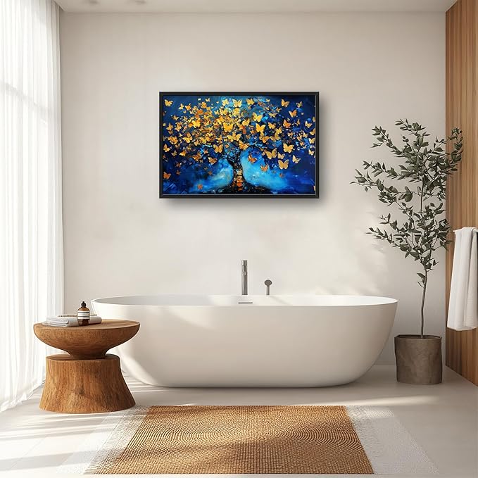 Blue Canvas Wall Art Golden Butterfly Tree Pictures Wall Decor Above Bed Framed Artwork Paintings Home Office Decorations for Living Room Bedroom Dinning Room Kitchen 36"x24"