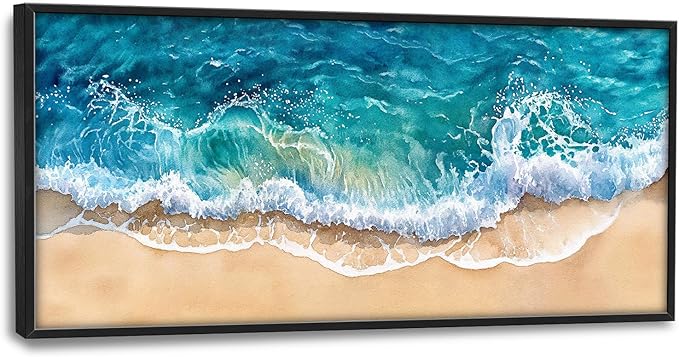 SweetFox Extra Large Watercolor Ocean Wave Framed Wall Art for Living Room, Coastal Beach Ocean Pictures Oversized Wall Decor Abstract Canvas Painting Print Artworks for Bathroom Bedroom 60L X 30W