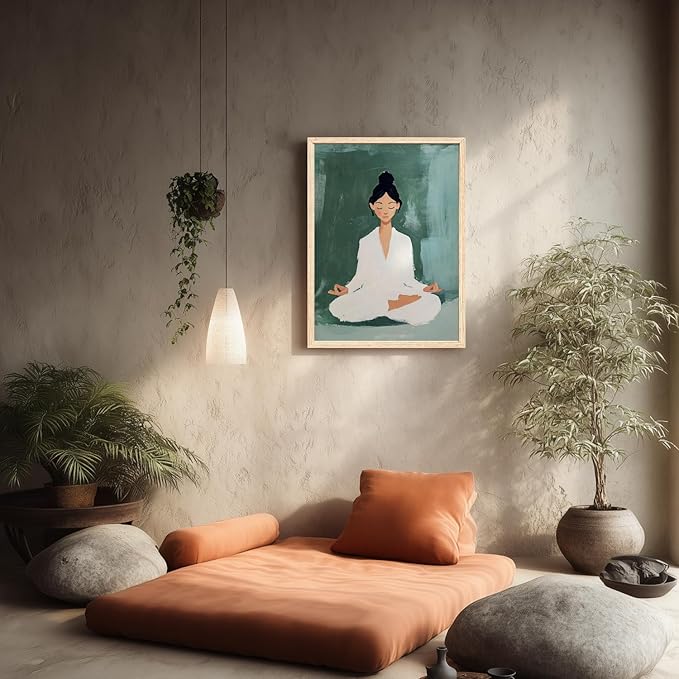 GELDSTEI Wood Framed Zen Wall Art, Tranquil Meditation Wall Decor, Yoga Girl Canvas Painting, Spiritual Aesthetic Picture, Calming Mindfulness Poster Print for Living Room Spa Yoga Studio 16"x24"