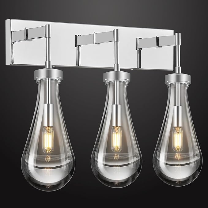 Raindrop Wall Sconces Chrome Crystal Sconces Wall Decor Modern Brass Lighting Glass Bathroom Sconces Indoor Vanity Light Wall Lamp for Bedroom Living Room Stair(3-Light)