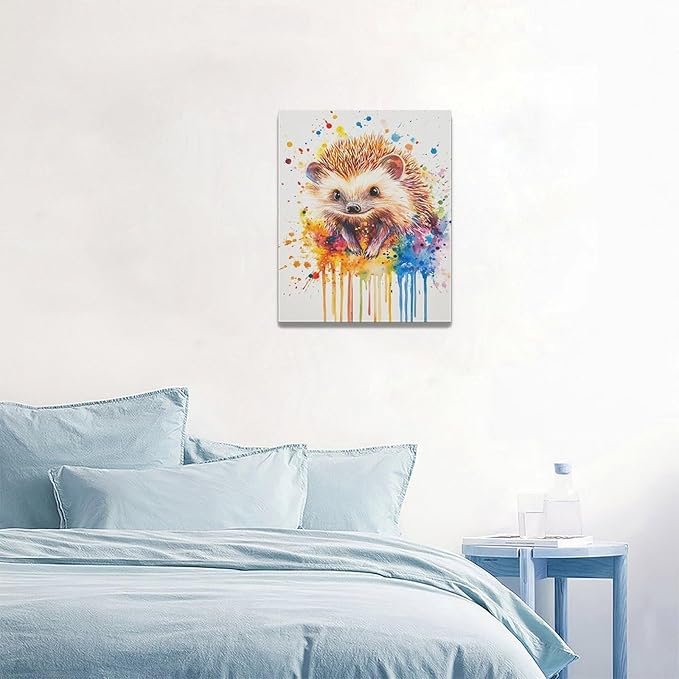 Fleruku Watercolor Hedgehog Wall Art Colorful Hedgehog Wall Decor Cute Animal Pictures Canvas Painting Artwork Home Decorations for Living Room Bedroom Bathroom Office Nursery Classroom 16"x20"