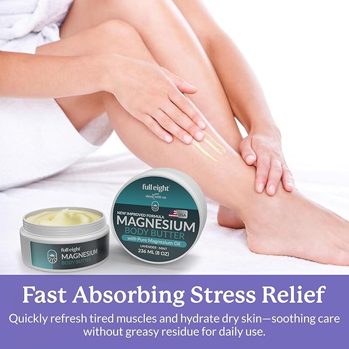 Magnesium Body Butter – New Improved Formula, Quick Ease for Tensed Legs, Tight Muscles & Sleep, Organic Ingredients with Pure Magnesium Oil, Topical Cream, 8oz