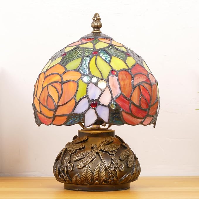 Small Tiffany Lamp Stained Glass Table Lamp Mini Accent Lamp Handmade Mushroom Desk Memory Lamp Sympathy Bedside Night Light 8X11.5 Inch (Red Yellow Rose Style)