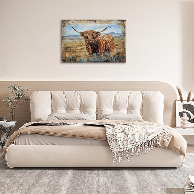 Olivine Highland Cow Wall Art, Rustic Farmhouse Cow Pictures Wall Decor, Country Painting Canvas Prints, Framed Artwork for Bathroom Bedroom Living Room Office Home Decoration 24"x16"