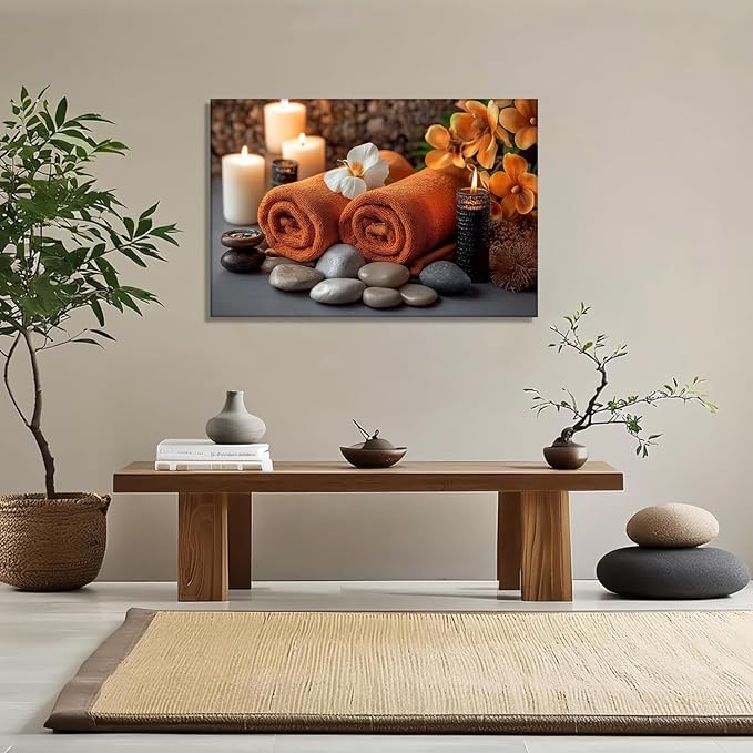 KPLUNDO Zen Canvas Wall Art - Candle Spa Stones with Towel on Wood Table Picture Orchid Meditation Spiritual Relax Painting Prints for Bathroom Home Decor Frame(20.00x30.00 inch)