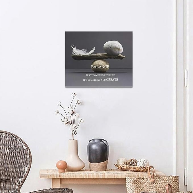 Zen Stone Wall Art Meditation Spiritual Wall Decor Inspirational Balance Feather Pictures Canvas Prints Framed Home Decorations Painting Artwork for Living Room Bedroom Office Bathroom 20"x16"