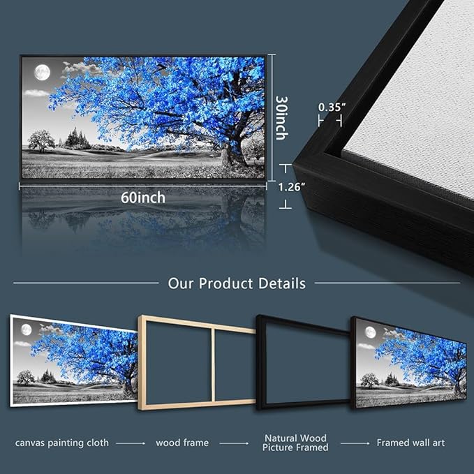 Framed Canvas Wall Art For Living Room Large Size Wall Decor For Bedroom Black And White Wall Pictures Blue Moon Tree Scenery Wall Painting Office Decor Room Home Decoration Black Framed 30" X 60"