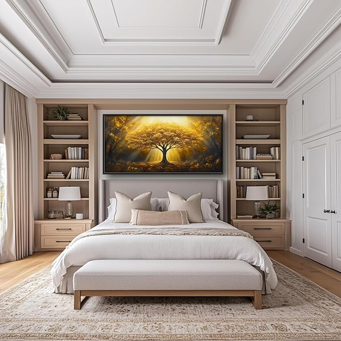 SweetFox Extra Large Tree of Life Framed Wall Art for Living Room, Golden Tree Forest Pictures Oversized Wall Decor Abstract Canvas Painting Print Artwork for Bathroom Master Bedroom 60L X 30W