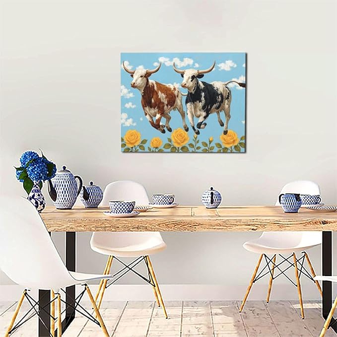 Longhorn Wall Decor Funny Cow Canvas Wall Art Cute Cattle Pictures Painting Artwork Framed Decoration for Bedroom Bathroom Living Room Kitchen Dining Room Office 16"x20"