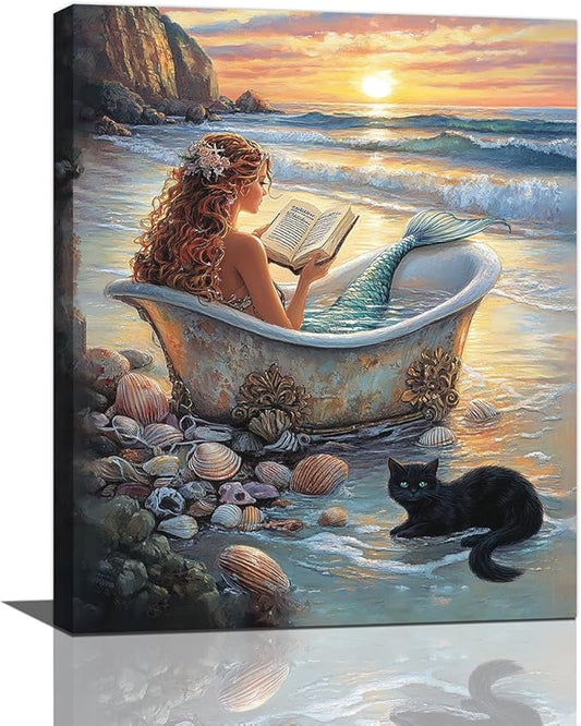Mermaid Wall Art Beach Coastal Nautical Wall Decor Sunset Cat Pictures Canvas Painting Framed Artwork Home Decorations for Bathroom Living Room Bedroom Office 20"x24"