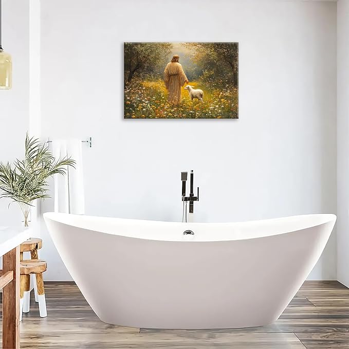 Olivine Christian Wall Art, Jesus Pictures Wall Decor, Lamb Painting, The Lost Sheep Canvas Prints, Framed Artwork for Kitchen Bathroom Bedroom Living Room Office Home Decoration 24"x16"
