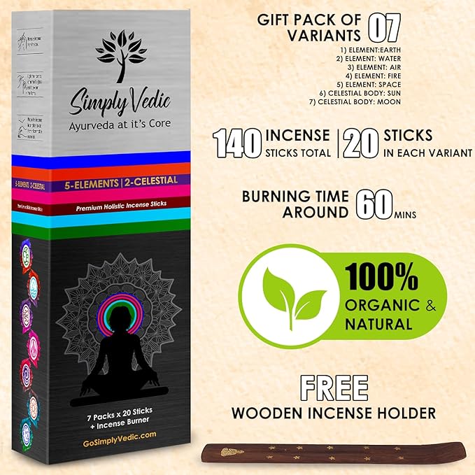 Premium Incense Sticks Set of 5 Elements Earth, Water, Air, Fire, Space 2 Celestial Bodies Sun & Moon| 140 Natural Agarbatti with Burner| for Home Pooja, Meditation, Yoga, Aromatherapy