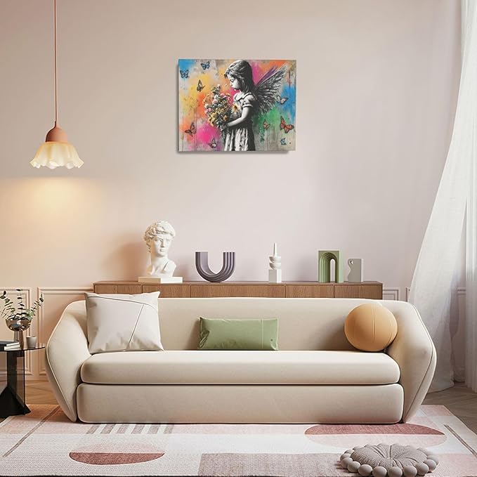 Banksy Wall Art Butterfly Girl Pictures Street Pop Art Graffiti Canvas Wall Decor Vintage Kids Aesthetic Painting Artwork Decorations Framed for Living Room Bedroom Bathroom Kid Room Office 16"x20"