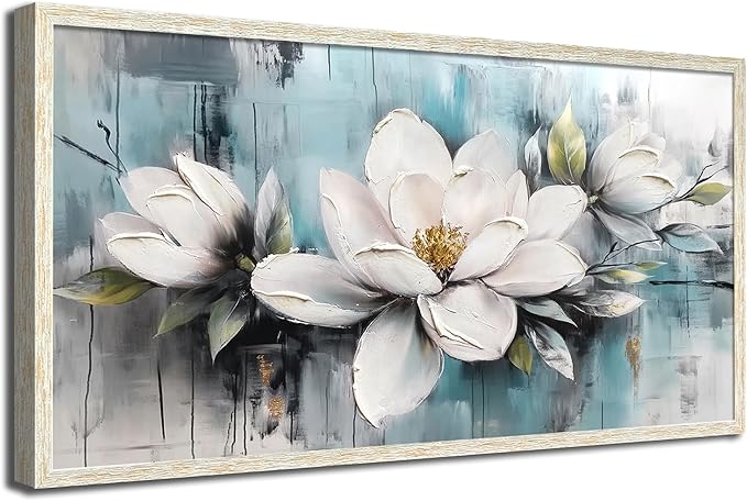 Ardemy Rustic Flower Wall Art Framed White Floral Canvas Painting Magnolia Textured Picture Teal Grey Artwork for Living Room Bedroom Dining Room Home Office Wall Decor, Large 48"x24"