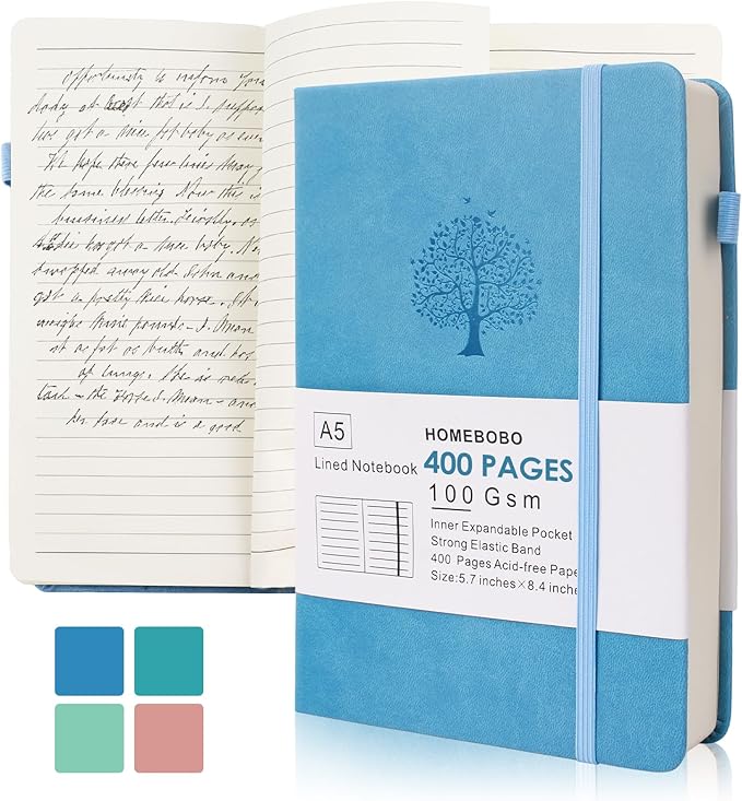 Journals for Writing, A5 Leather Ruled Notebook with 400 Pages, 100 Gms College Ruled Journal with Thick Paper, Hardcover with Inner Pocket & Pen Holder, Sky Blue