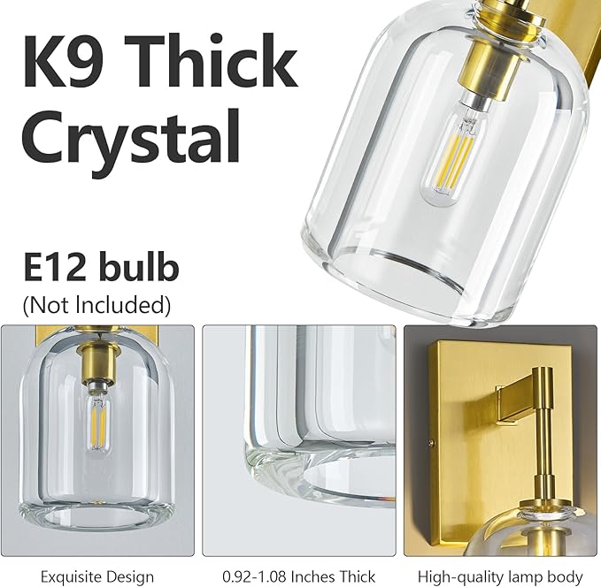 Modern Crystal Wall Sconces Set of Two Indoor Gold Wall Lamp Vanity Wall Lighting for Bathroom Bedroom Living Room Stair（2Pack）