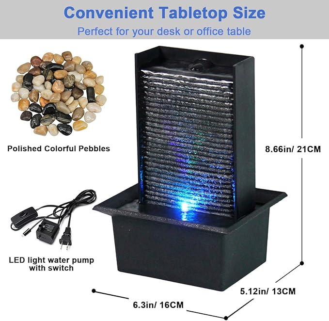 Small Indoor Relaxation Tabletop Fountain, Zen Meditation Waterfall Feature with Color LED Light & Natural Rocks, 4 Level Desk Waterfall for Home Office Bedroom Living Room Decoration (Style 2)