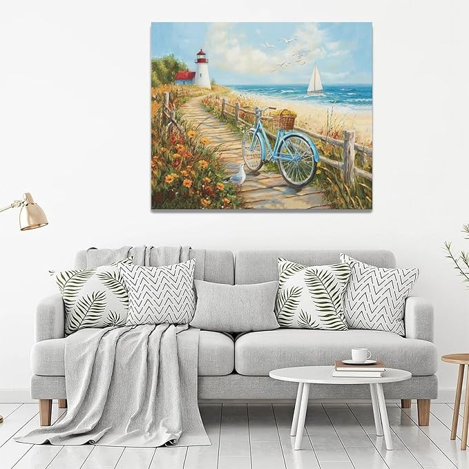 Olivine Coastal Wall Art, Beach Bicycle Pictures Wall Decor, Lighthouse Painting, Ocean Seascape Canvas Prints, Framed Artwork for Living Room Bedroom Bathroom Kitchen Office Home Decoration 24"x20"