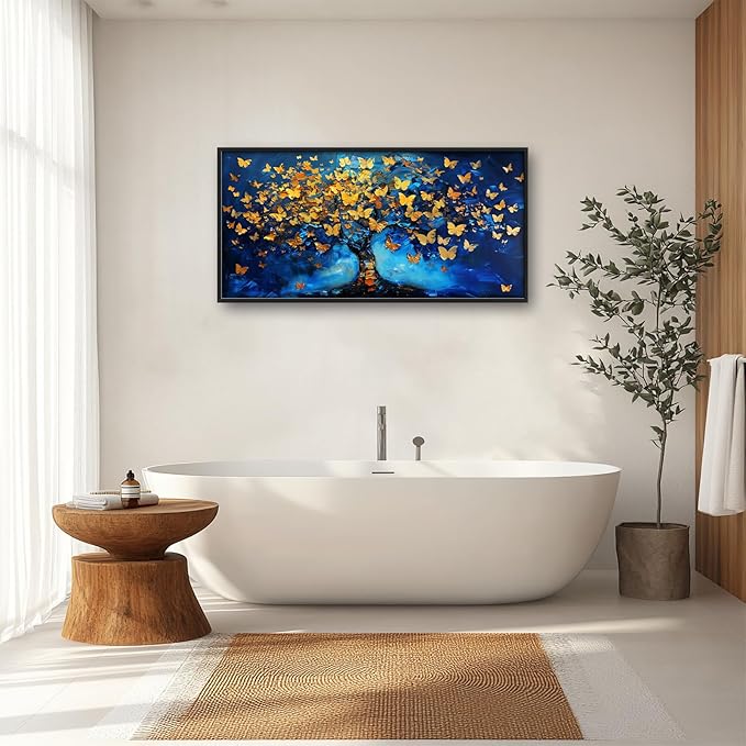 Blue Canvas Wall Art Golden Butterfly Tree Pictures Wall Decor Above Bed Framed Artwork Paintings Home Office Decorations for Living Room Bedroom Dinning Room Kitchen 60"x30"