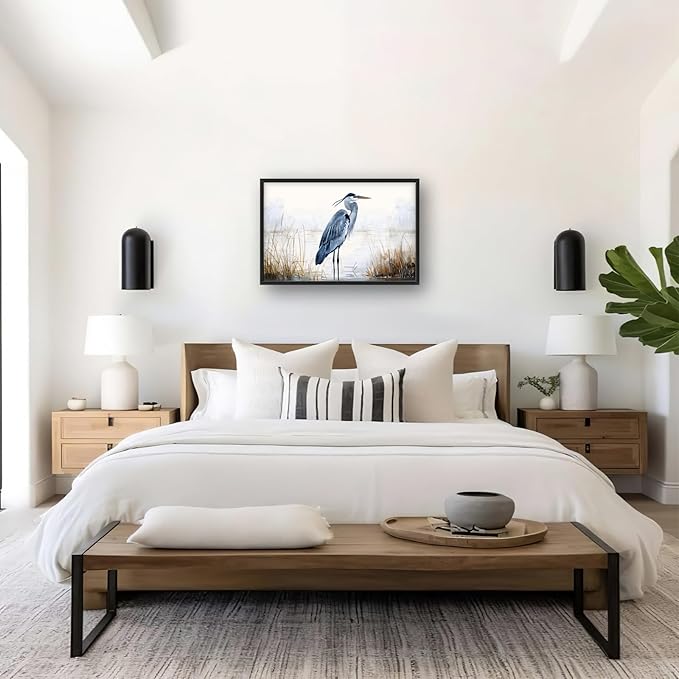 Heron Wall Art Blue Bird Pictures Wall Decor Chinoiserie Coastal Extra Large Canvas Prints Framed Artwork Paintings Home Office Decorations For Living Room Bedroom Dinning Room 36"x24"