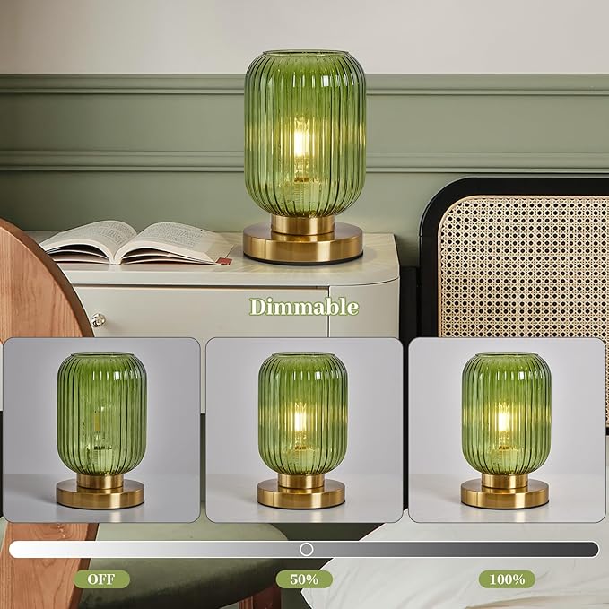 Glass Table Lamps Mid Century Modern Globe, Dimmable Green Table Lamp for Nightstand, Small Gold Table Lamp, Green Pumpkin Design Ribbed Glass Vintage Bedside Lamp for Bedroom Living Room Office