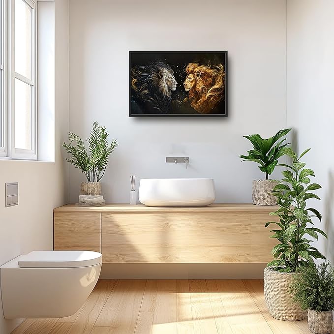SweetFox Extra Large Lion King Framed Wall Art for Living Room, Lion and Golden Lioness Pictures Oversized Wall Decor Abstract Canvas Painting Print Artworks for Bathroom Master Bedroom 36L X 24W