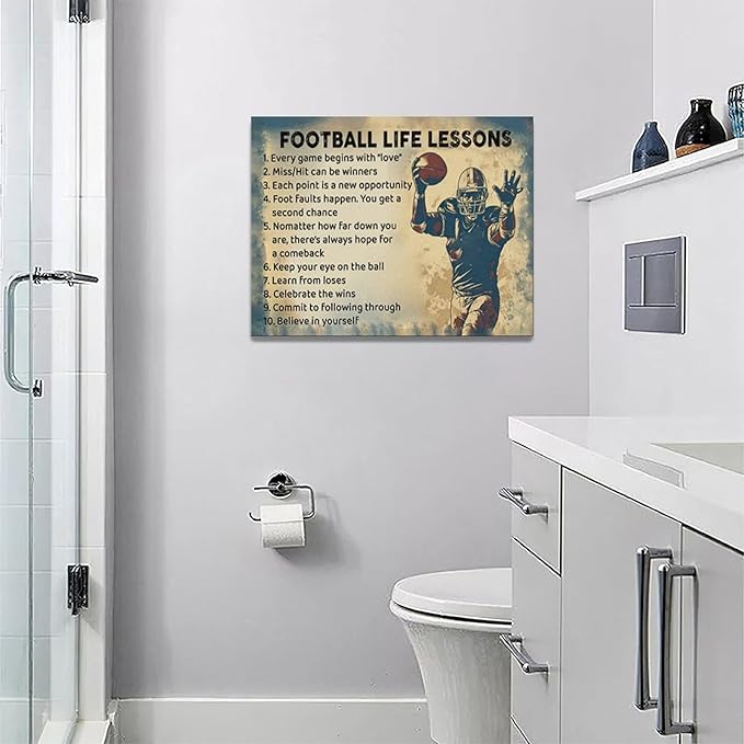 Farmhouse Football Wall Art For Boy Room Rustic Football Life Lessons Wall Decor Retro Football Sign Canvas Painting Artwork Home Decorations for Man Teenager Office Bedroom Living Room 16"x12"