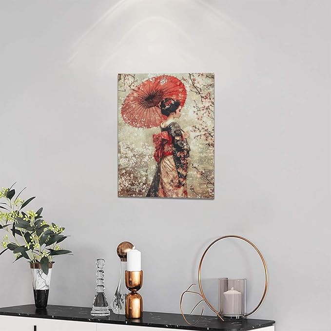 Fleruku Vintage Japanese Wall Art Japanese Geisha Wall Decor Japan Women Pictures Canvas Painting Artwork Home Decorations for Living Room Bedroom Bathroom Office 12"x16"