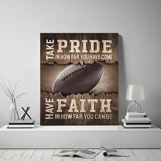 Fleruku Rustic Football Wall Art Sports Wall Decor Inspirational Quotes Brown Pictures Football Sign Canvas Painting Artwork Home Decorations for Boy Man Teenager Fans Bedroom Living Room 20"x24"