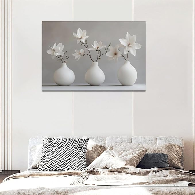 Bathroom Wall Art Zen Wall Decor Spa White Flower Pictures Canvas Painting Framed Artwork Home Decorations for Yoga Meditation Room Living Room Bedroom 24"x16"