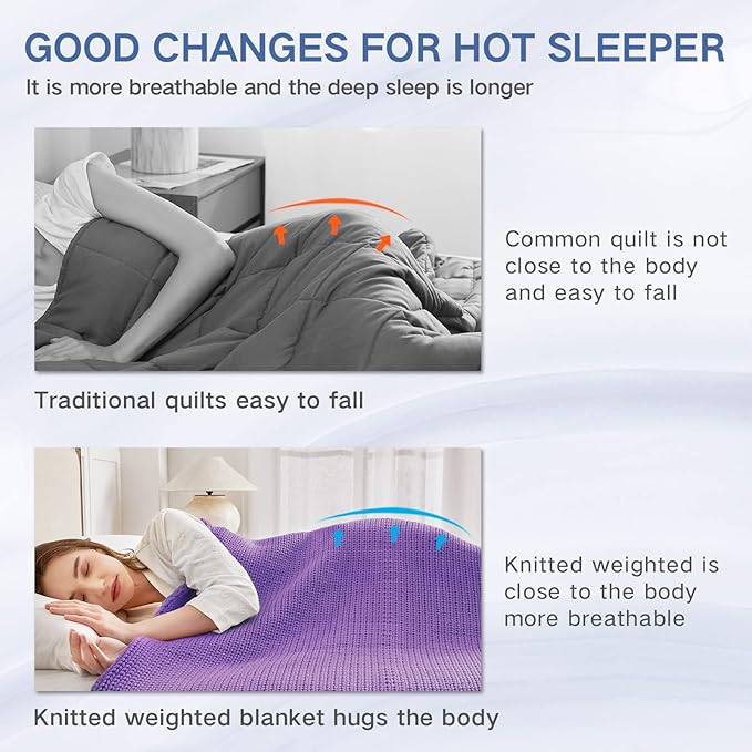 Guohaoi Knitted Weighted Blanket for Adults (Purple 60"x80" 20lbs) No Beads Cooling Throw Blanket for Hot Sleepers, Home Decor Breathable Chunky Knit Heavy Blanket Use on Queen/King Size Bed