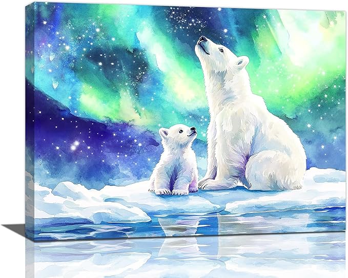 Olivine Polar Bear Wall Art, Northern Lights Pictures Wall Decor,Watercolor Polar Landscape Canvas Prints Paintings, Framed Artwork for Bathroom Bedroom Living Room Office Home Decoration 16"x12"