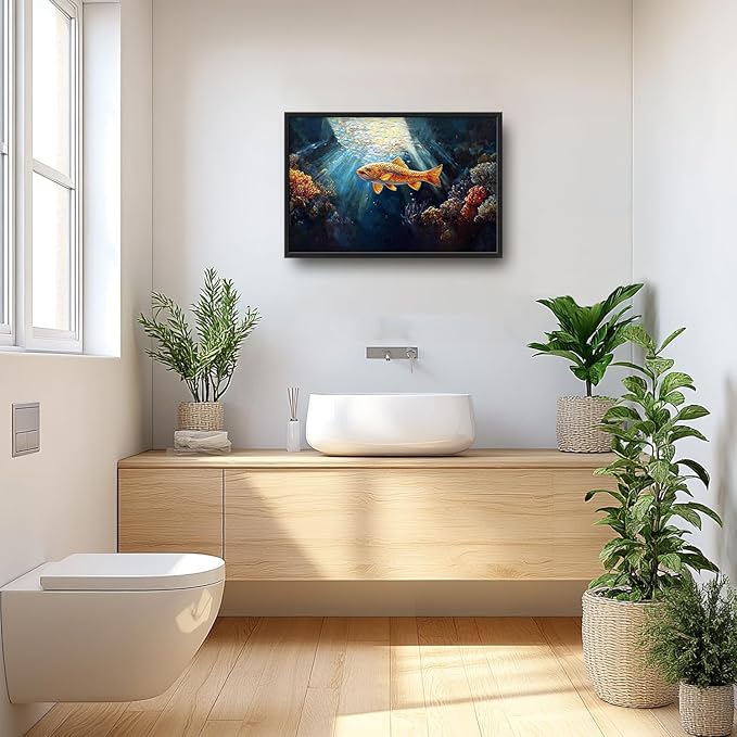 SweetFox Extra Large Ocean Fish Framed Wall Art for Living Room, Coastal Sea Fishing Pictures Oversized Wall Decor Abstract Big Canvas Painting Print Artworks for Bathroom Master Bedroom 36L X 24W