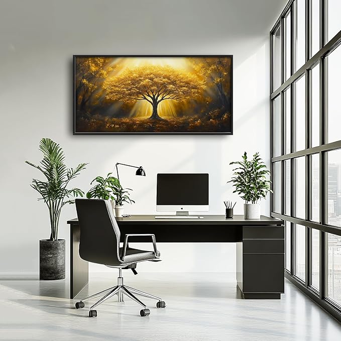 SweetFox Extra Large Tree of Life Framed Wall Art for Living Room, Golden Tree Forest Pictures Oversized Wall Decor Abstract Canvas Painting Print Artwork for Bathroom Master Bedroom 60L X 30W