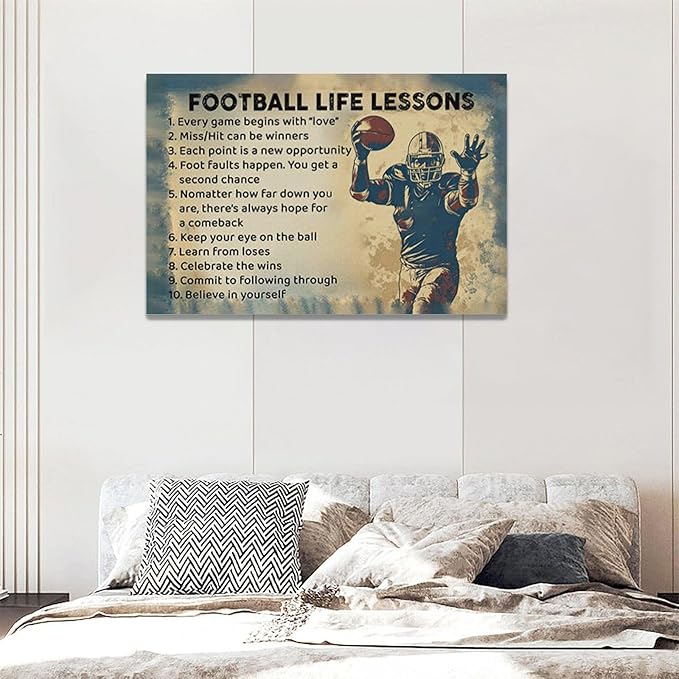 Farmhouse Football Wall Art For Boy Room Rustic Football Life Lessons Wall Decor Retro Football Sign Canvas Painting Artwork Home Decorations for Man Teenager Office Bedroom Living Room 24"x16"