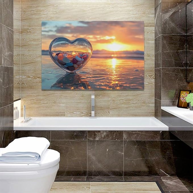Fleruku Beach Sunset Wall Art Ocean Coastline Wall Decor Natural Scenery Pictures Canvas Painting Artwork Home Decorations for Living Room Bedroom Bathroom Office 24"x16"