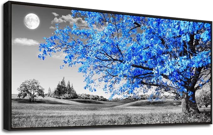 Black Framed Canvas Wall Art For Living Room Black And White Wall Pictures Office Wall Decor Large Size Wall Art Blue Moon Tree Scenery Wall Paintings Bedroom Home Decoration Works Of Art 20" X 40"