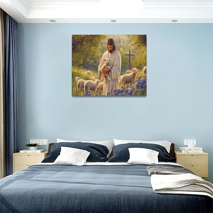 Fleruku Jesus Lamb Wall Art Christ Christian Wall Decor Jesus Religious Sign Pictures Canvas Painting Artwork Home Decorations for Living Room Bedroom Bathroom Office 20"x16"