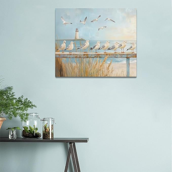 Olivine Beach Wall Art, Coastal Seagull Lighthouse Bathroom Pictures, Nautical Canvas Prints Painting for Living Room Bedroom Dinning Room Kitchen 24"x20" Inch Framed