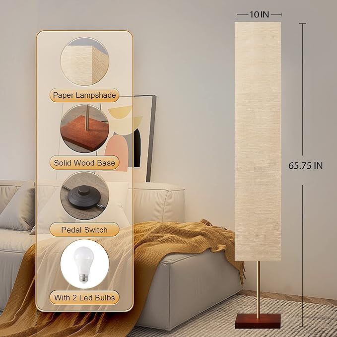 GyroVu Floor Lamp for Living Room, 3 Color Temperature Column Tall Lamp, Standing Lamp with Walnut Base Corner Floor Lamp for Bedroom, Office& Living Room-Beige(Bulbs Included)
