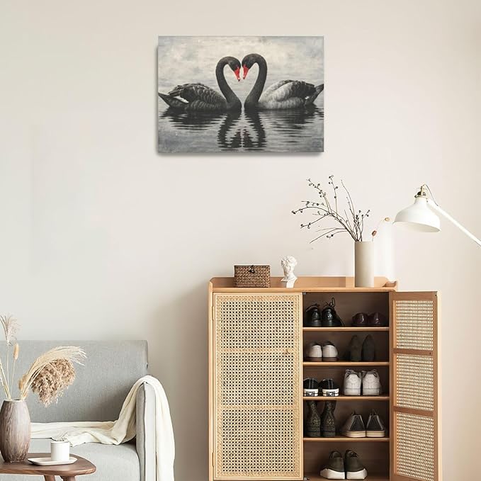 Black Swan Wall Art Vintage Canvas Wall Decor Swan Aesthetics Art Retro Pictures Painting Artwork Framed Decoration for Living Room Bedroom Bathroom Dining Room Office 16"x24"