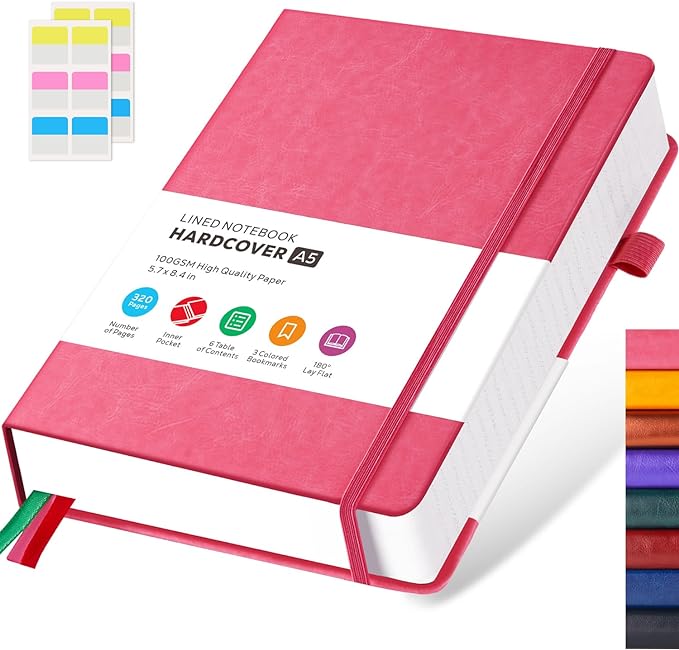 Lined Journal Notebook for Women/Men Writing Work, 320 Pages Hardcover Pink Leather Daily Diary Journals Note book College Ruled for Note Taking, A5 (5.7'' X 8.4'')