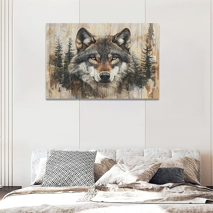 Vintage Wolf Wall Art Farmhouse Wildlife Wall Decor Country Animal Pictures Canvas Painting Artwork Home Decorations for Living Room Bedroom Bathroom Office 24"x16"