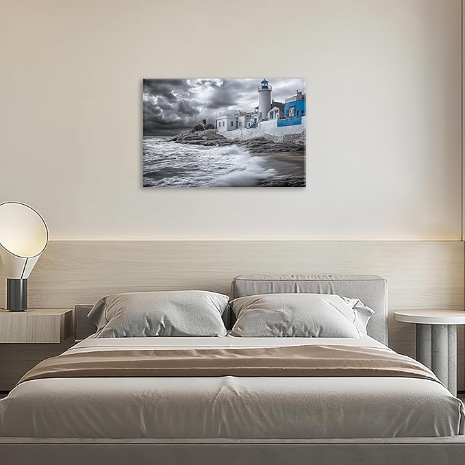 Olivine Beach Wall Art, Coastal Lighthouse Pictures Wall Decor, Black And White Painting, Nautical Canvas Prints, Framed Artwork for Bathroom Bedroom Living Room Office Home Decoration 24"x16"